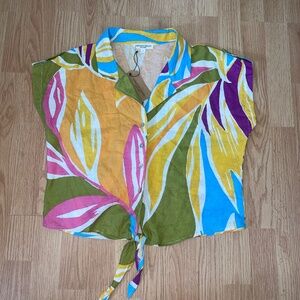 NWT Christian Siriano Colorful Cropped Sleeveless Front Tie Linen Blend Top